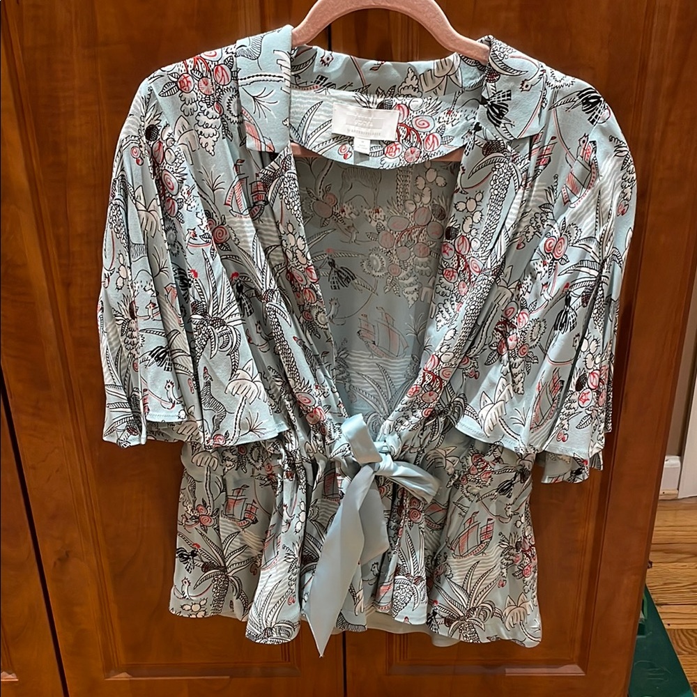 Anthropologie Blue and Gray Flutter Sleeve Blouse with Tie Front